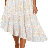 Women's Boho Floral High Waisted High Low Asymmetric Hem Midi Skirt