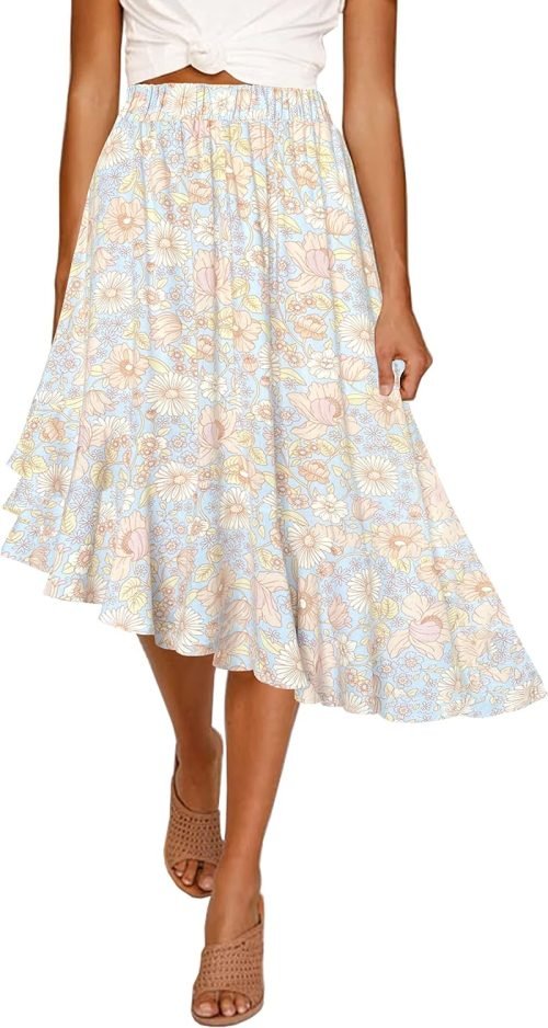 Women's Boho Floral High Waisted High Low Asymmetric Hem Midi Skirt