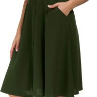 Womens High Waisted A Line Pleated Midi Skirt Button Front Skirts with Pocket
