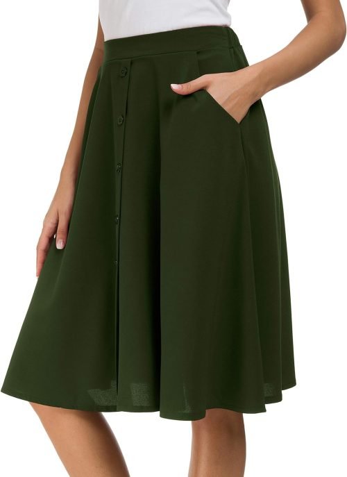 Womens High Waisted A Line Pleated Midi Skirt Button Front Skirts with Pocket