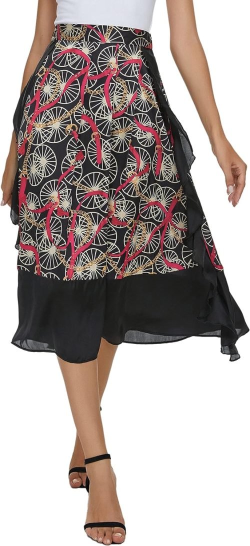 Women's Vintage Printed High Waist A-Line Pleated Patchwork Midi Skirts