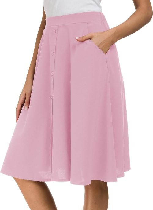 Womens High Waisted A Line Pleated Midi Skirt Button Front Skirts with Pocket