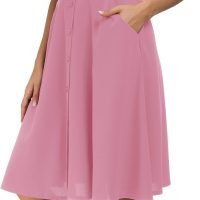 Womens High Waisted A Line Pleated Midi Skirt Button Front Skirts with Pocket