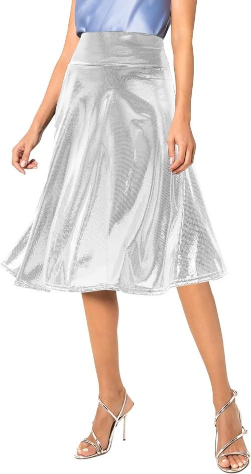 Women's Casual Ruched Stretchy High Waist A-Line Skirt Pleated Flared Midi Skirt