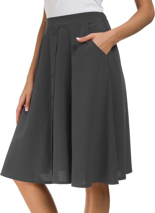 Womens High Waisted A Line Pleated Midi Skirt Button Front Skirts with Pocket