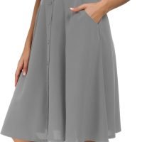 Womens High Waisted A Line Pleated Midi Skirt Button Front Skirts with Pocket