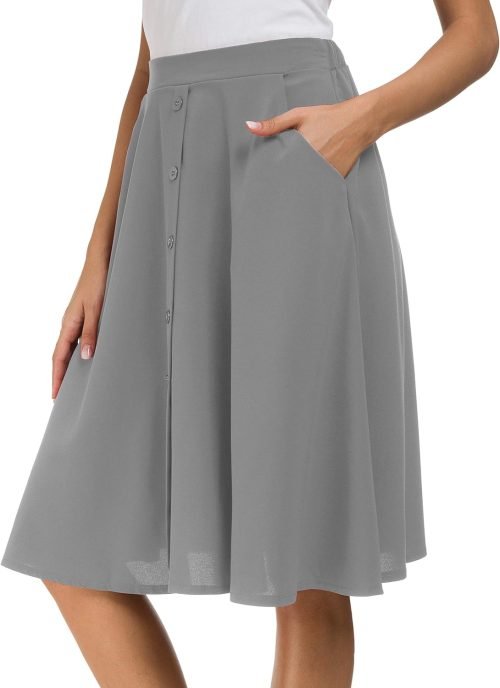Womens High Waisted A Line Pleated Midi Skirt Button Front Skirts with Pocket