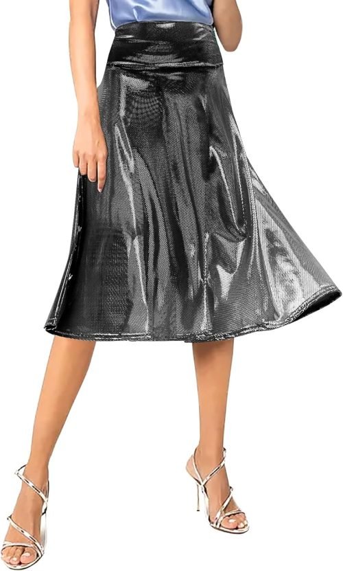 Women's Casual Ruched Stretchy High Waist A-Line Skirt Pleated Flared Midi Skirt