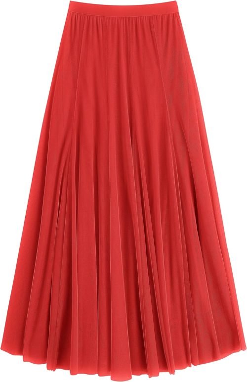 Women's Tulle Skirt Elastic High Waist Layered Pleated Mesh Flowy A-line Midi Skirt