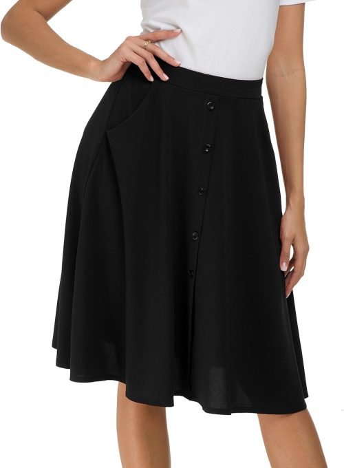 Womens High Waisted A Line Pleated Midi Skirt Button Front Skirts with Pocket