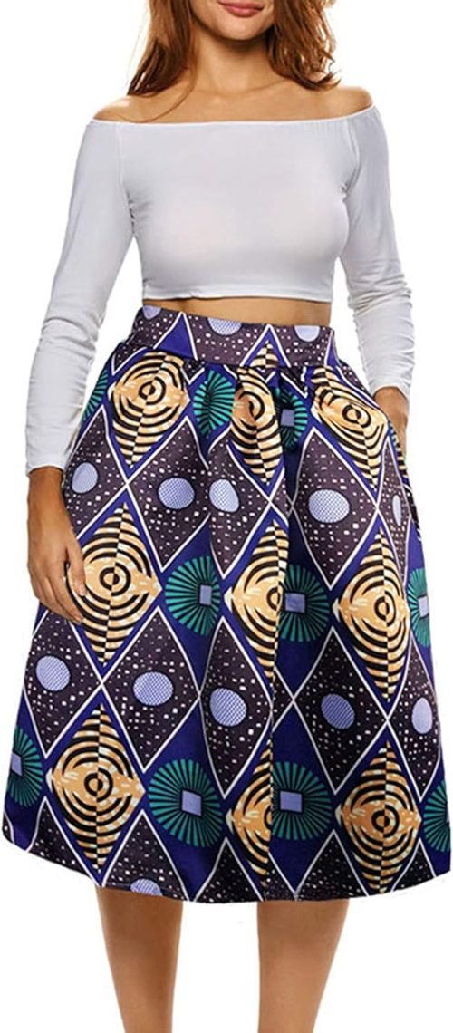 Womens African Print Skirt Boho Flare Pleated Midi Skirt with Pockets