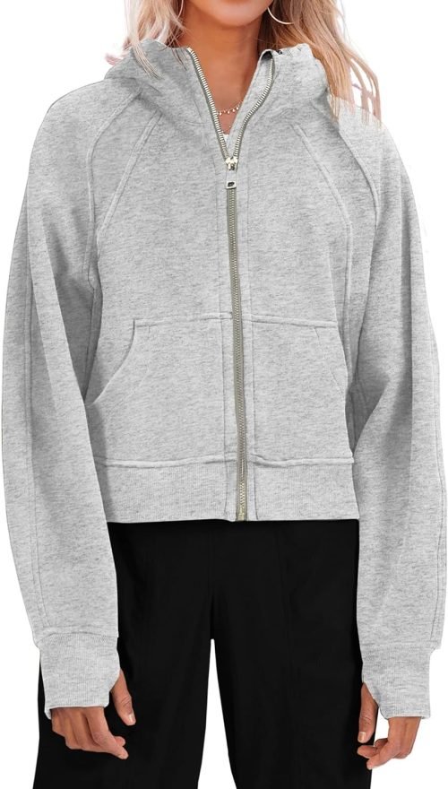 81L-UmcebqL._AC_SL1500 Womens Zip Up Sweatshirts Fleece Lined Collar Crop Hoodie Casual Cotton Long Sleeve Tops with Thumb Hole