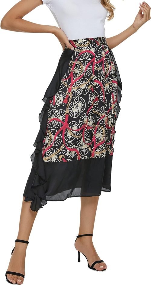 Women's Vintage Printed High Waist A-Line Pleated Patchwork Midi Skirts