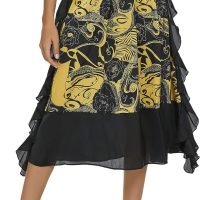Women's Vintage Printed High Waist A-Line Pleated Patchwork Midi Skirts