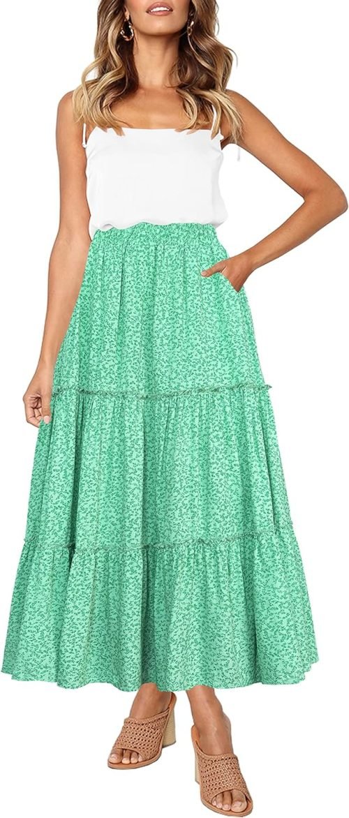 Womens High Waist A Line Ruffle Swing Long Maxi Skirt with Pockets