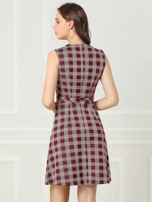 Women's Plaid Dress Sleeveless Fit and Flare Houndstooth Work Dresses