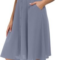 Womens High Waisted A Line Pleated Midi Skirt Button Front Skirts with Pocket