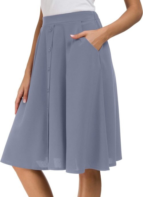Womens High Waisted A Line Pleated Midi Skirt Button Front Skirts with Pocket