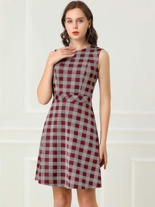 Women's Plaid Dress Sleeveless Fit and Flare Houndstooth Work Dresses