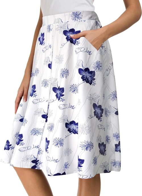 Womens High Waisted A Line Pleated Midi Skirt Button Front Skirts with Pocket