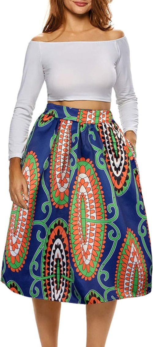 Womens African Print Skirt Boho Flare Pleated Midi Skirt with Pockets