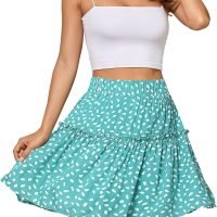 Women's Summer High Waist Floral Layered Ruffle Pleated Beach Mini Skirt