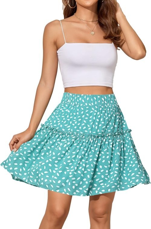 Women's Summer High Waist Floral Layered Ruffle Pleated Beach Mini Skirt