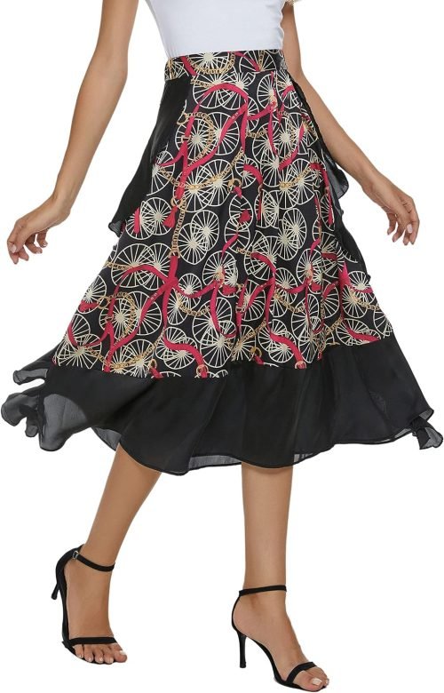 Women's Vintage Printed High Waist A-Line Pleated Patchwork Midi Skirts