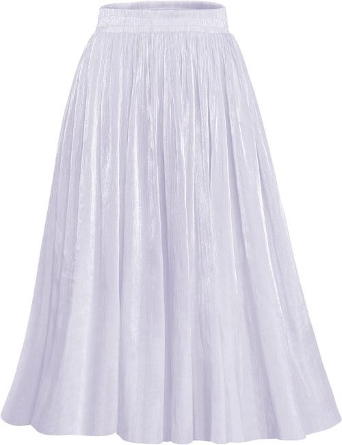 Women High Elastic Waist Pleated Midi Long Skirt Swing A-line Skirts