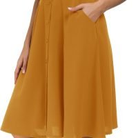 Womens High Waisted A Line Pleated Midi Skirt Button Front Skirts with Pocket