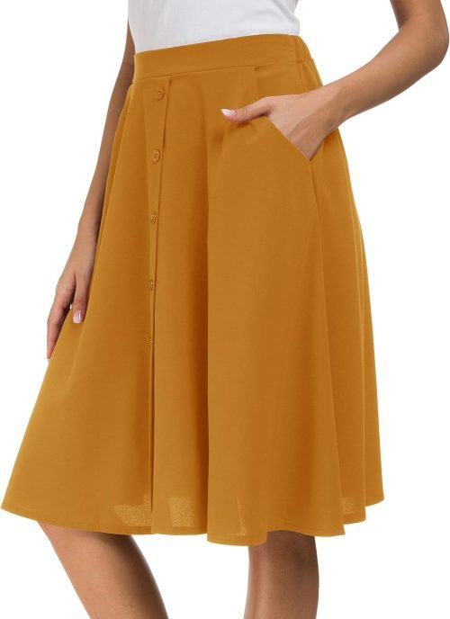 Womens High Waisted A Line Pleated Midi Skirt Button Front Skirts with Pocket