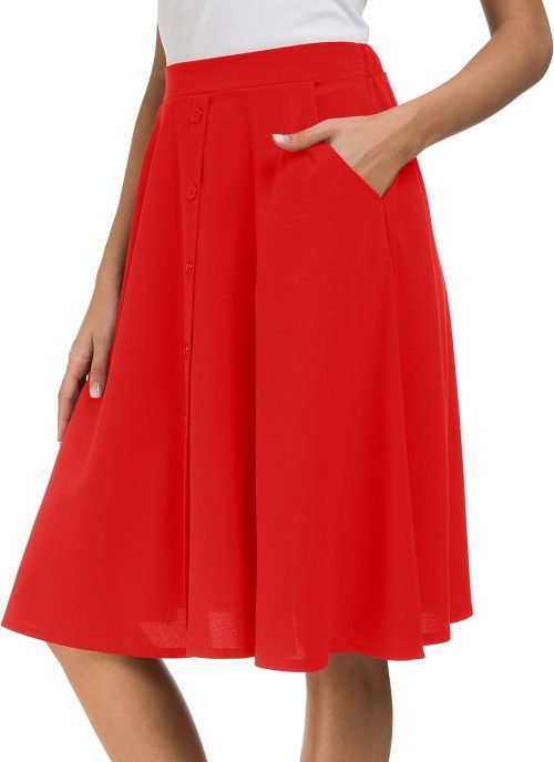 Womens High Waisted A Line Pleated Midi Skirt Button Front Skirts with Pocket