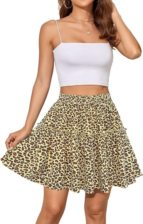 Women's Summer High Waist Floral Layered Ruffle Pleated Beach Mini Skirt