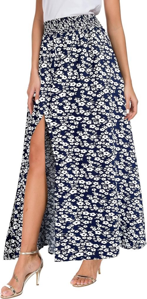 Women's Print Long Skirts High Waist Split A Line Full Length Maxi Skirt