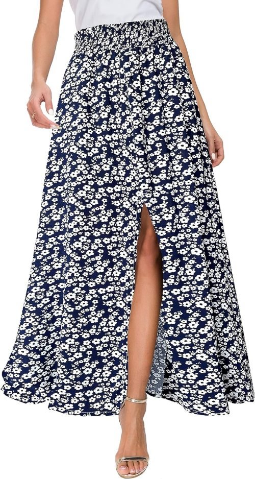 91JM3OvpOML._AC_SL1500 Women's Print Long Skirts High Waist Split A Line Full Length Maxi Skirt