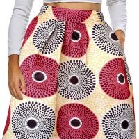 Womens African Print Skirt Boho Flare Pleated Midi Skirt with Pockets