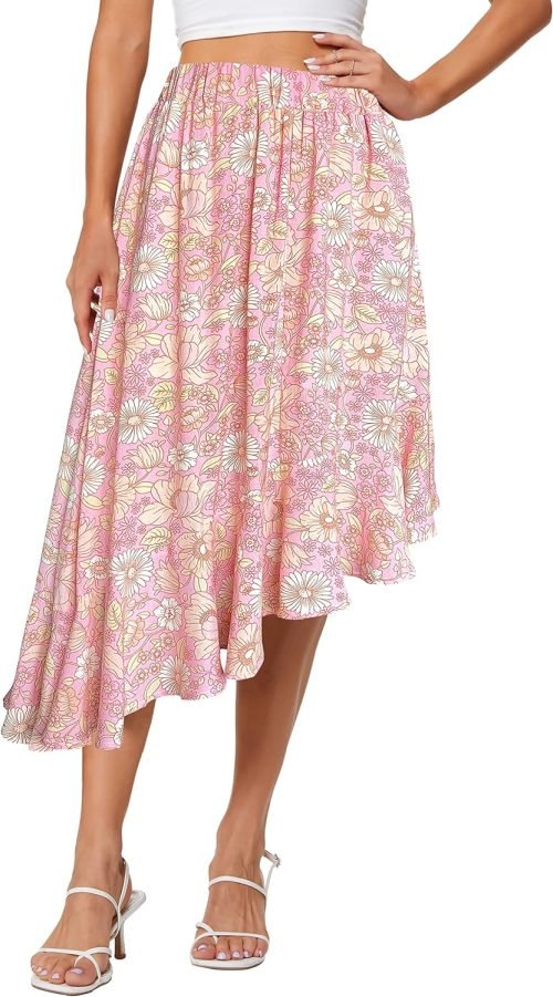 Women's Boho Floral High Waisted High Low Asymmetric Hem Midi Skirt