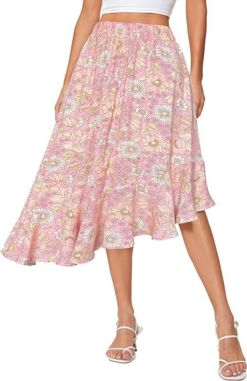 Women's Boho Floral High Waisted High Low Asymmetric Hem Midi Skirt