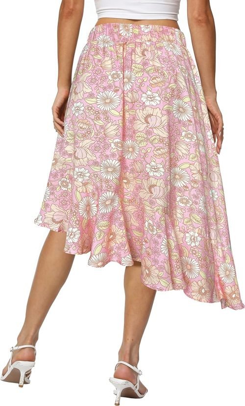 Women's Boho Floral High Waisted High Low Asymmetric Hem Midi Skirt