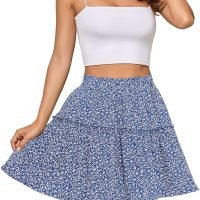 91roPjDBj9L._AC_SL1500 Women's Summer High Waist Floral Layered Ruffle Pleated Beach Mini Skirt, Navy Blue, XX-Large