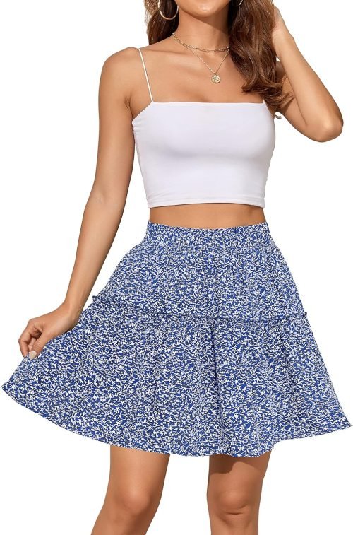 91roPjDBj9L._AC_SL1500 Women's Summer High Waist Floral Layered Ruffle Pleated Beach Mini Skirt, Navy Blue, XX-Large