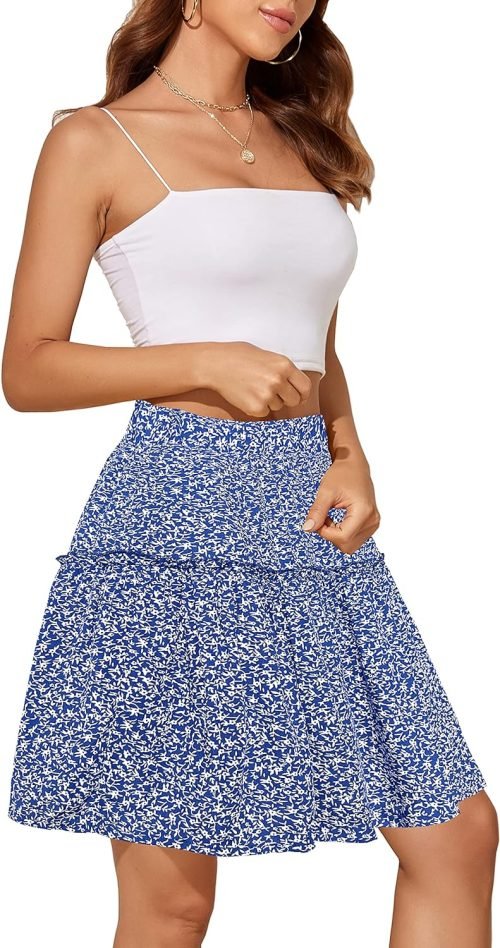 91tZuU-iSJL._AC_SL1500 Women's Summer High Waist Floral Layered Ruffle Pleated Beach Mini Skirt, Navy Blue, XX-Large