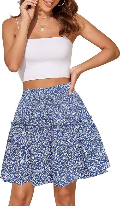 91z2tCKdHoL._AC_SL1500 Women's Summer High Waist Floral Layered Ruffle Pleated Beach Mini Skirt, Navy Blue, XX-Large